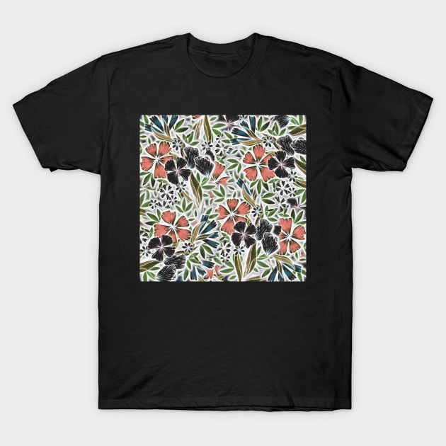 Flower Flurry - Salmon, Green, Black and Turquoise - Digitally Illustrated Flower Pattern for Home Decor, Clothing Fabric, Curtains, Bedding, Pillows, Upholstery, Phone Cases and Stationary T-Shirt by cherdoodles